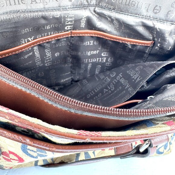 Etienne Aigner Monogram Canvas Shoulder Tote Brown Faux Leather Trim - Picture 13 of 16